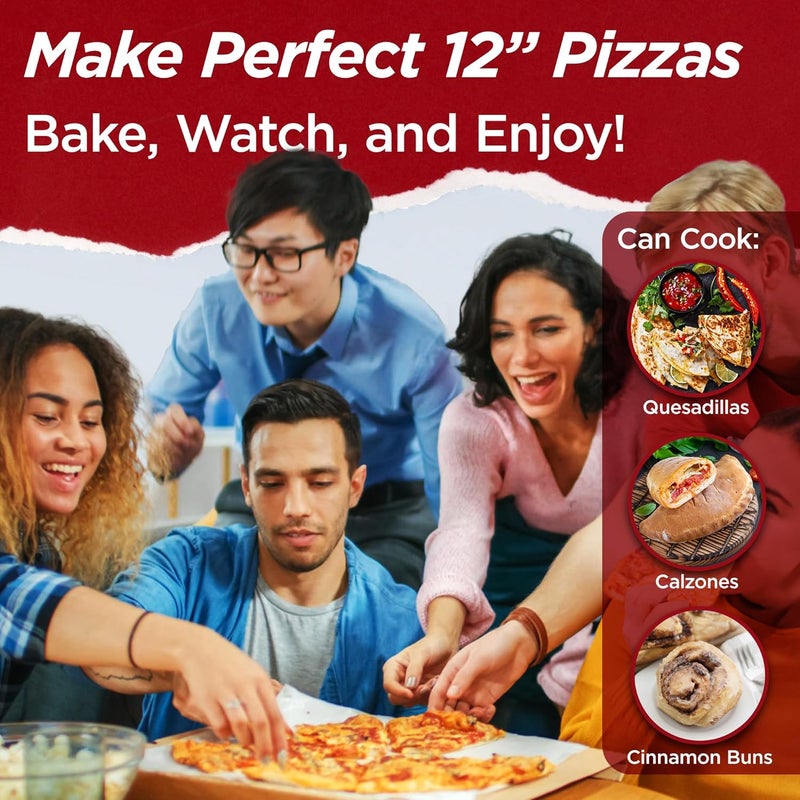 CULINARY CHEF فرن بيتزا كهربائي مع حجر سيراميك، نافذة عرض، تحكم في درجة الحرارة قابل للتعديل، مؤقت وقوة خبز 1200 واط، بيتزا منزلية الصنع، سعة فطيرة كبيرة 12 بوصة (أحمر) - Image 4